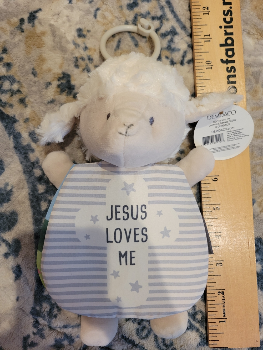 NWT Plush Lamb Rattle with 'Jesus Loves Me' - Blue & Cream